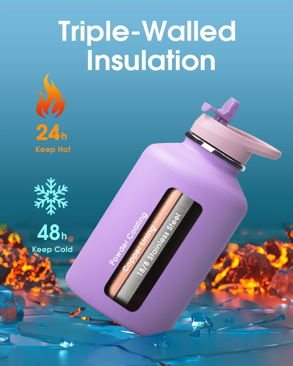 Coolflask - Funda de piel sintética aislada para botella de agua, 64 onzas, color lila y morado