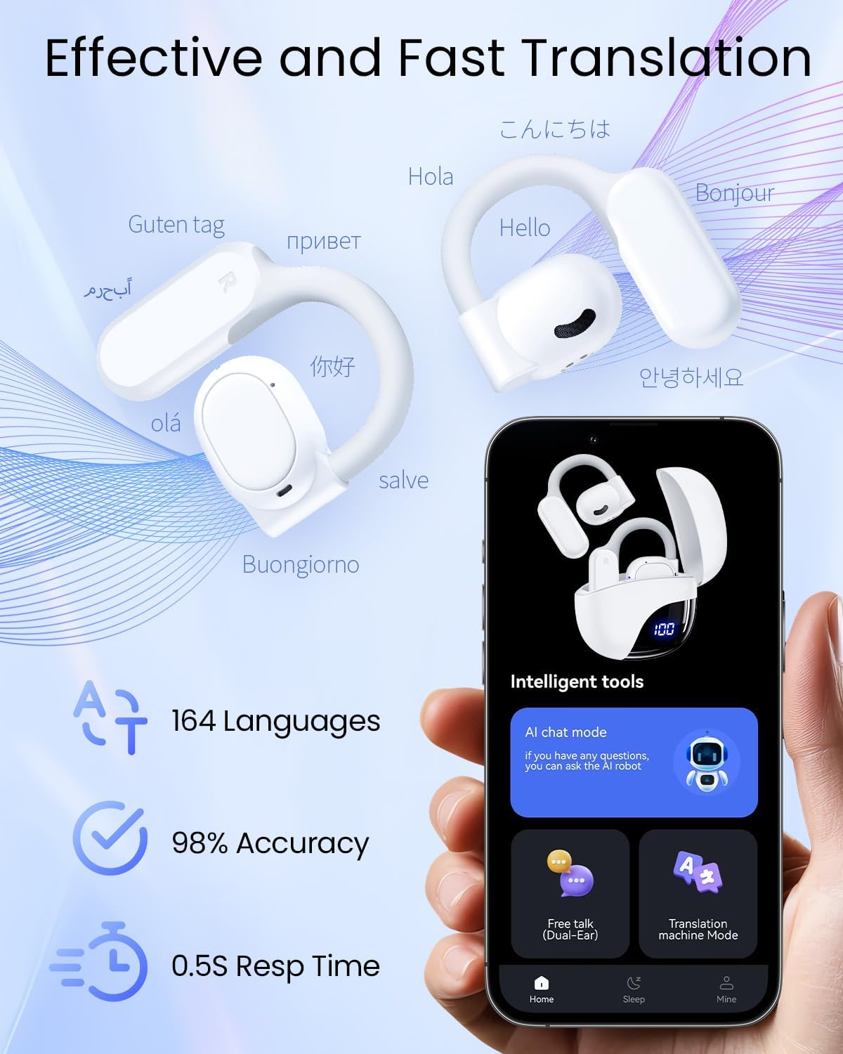 Auriculares de traducción AI en tiempo real 164 idiomas 80H Playtim...