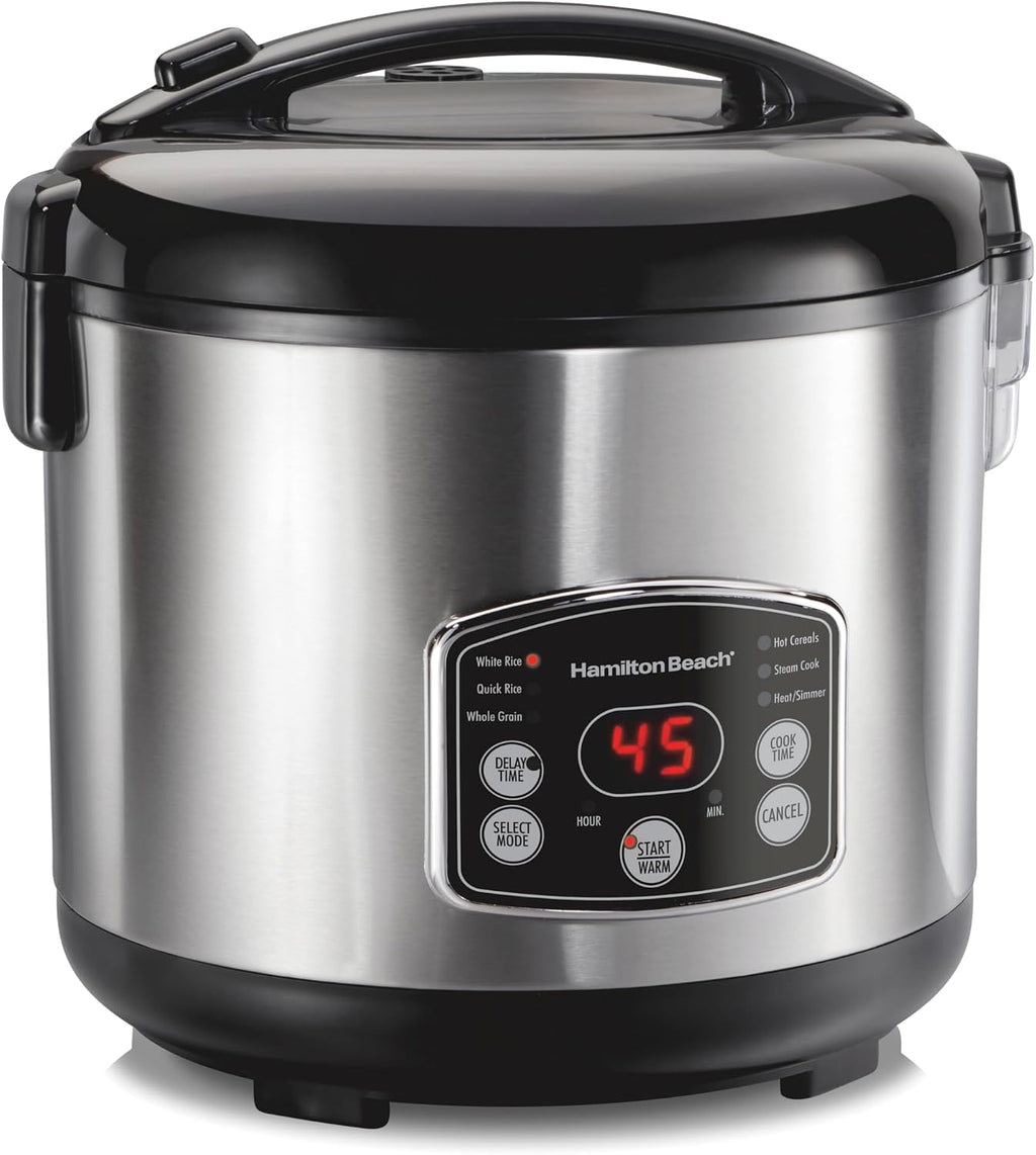 Hamilton Beach Arrocera digital programable y vaporizador de alimentos, 14 tazas cocidas (7 sin cocinar) con cesta de vapor y enjuague, acero inoxidable (37548)