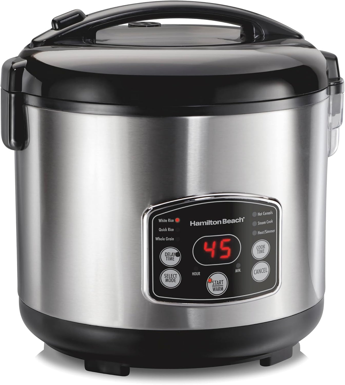 Hamilton Beach Arrocera digital programable y vaporizador de alimentos, 14 tazas cocidas (7 sin cocinar) con cesta de vapor y enjuague, acero inoxidable (37548)