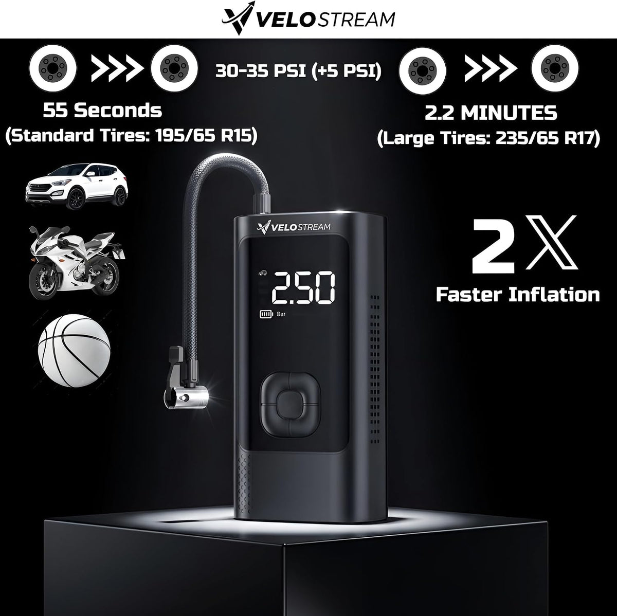 Velostream Compresor de aire portátil para inflador de neumáticos,...