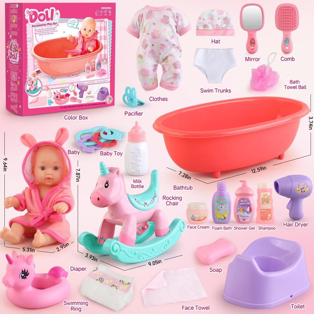 Juego de juguetes de baño para muñecas con bañera, muñecas de bebé...
