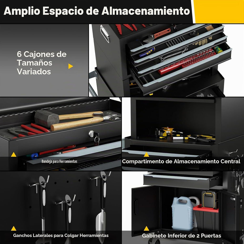 Goplus Cofre de herramientas, 6 cajones 3 en 1, gabinete de almacenamiento de herramientas extra grande con ruedas universales bloqueables de 4 pulgadas, bloqueo automático, forro protector, caja de