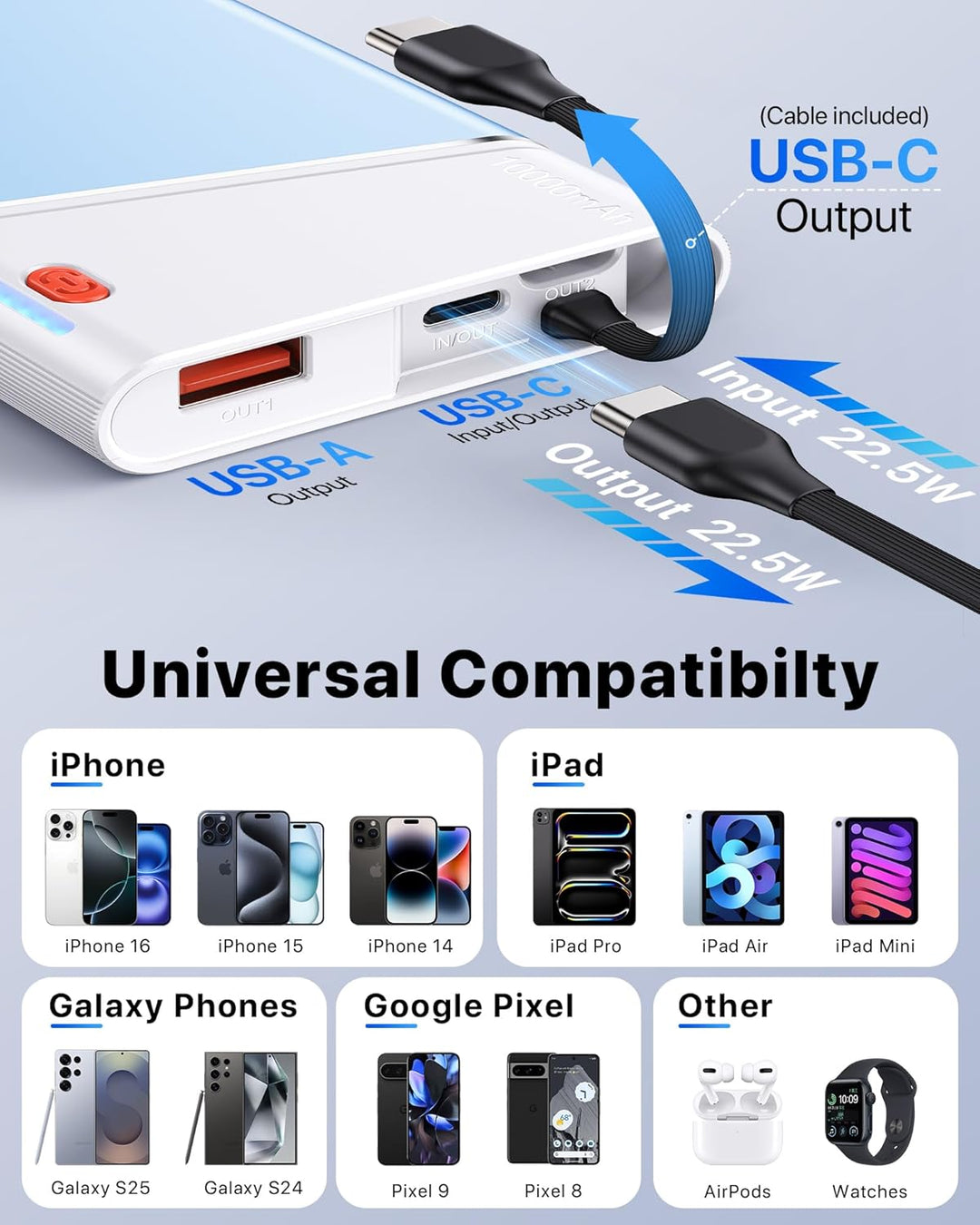 Aaoyun Cargador Portátil Power Bank, Power Bank de 10000mAh 22.5W P...