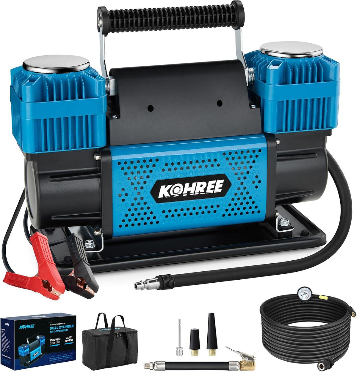 Kohree Compresor de aire de doble cilindro de 12 V, inflador rápido...