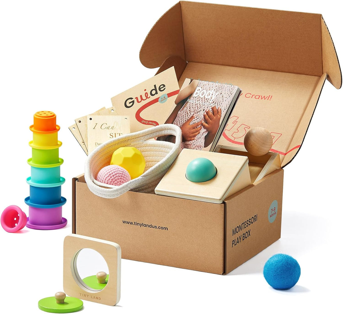 Tiny Land Juego de juguetes Montessori para bebés de 7 a 9 meses Kit de juego sensorial - 5 en 1 Juguetes de aprendizaje de madera con caja de permanencia de objetos, bola sensorial, tazas apilables y