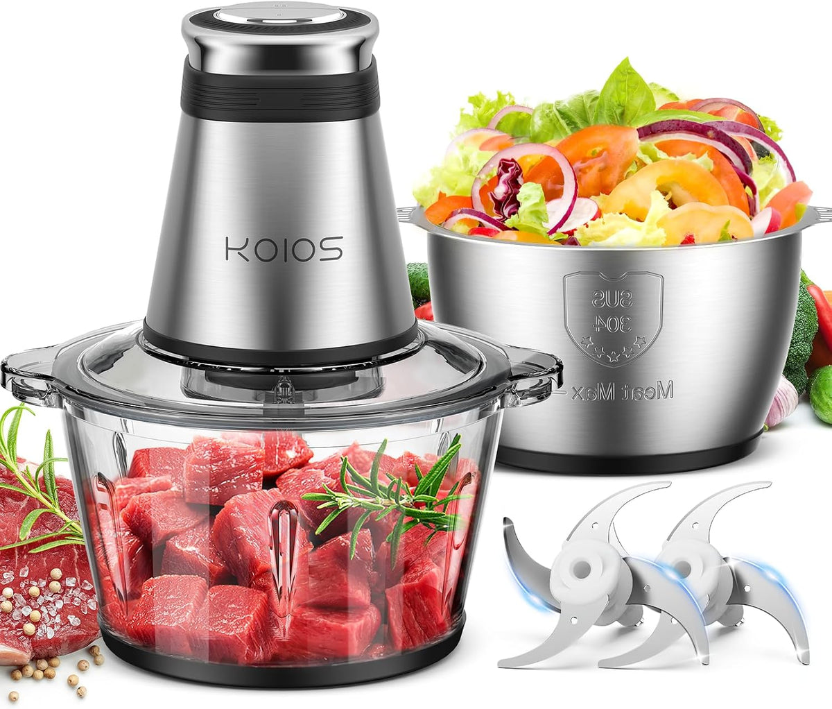 KOIOS Procesador de alimentos, picador eléctrico de alimentos de 500 W con 2 cuencos (8 tazas + 8 tazas) y 2 cuchillas de dos niveles, molinillo eléctrico pequeño procesador de carne para nueces