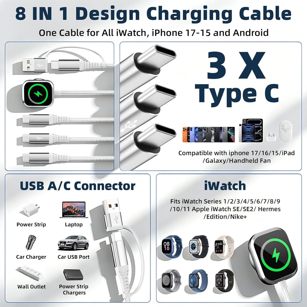 Cable de carga múltiple USB-C 3 para teléfono iWatch Charger/Car Travel