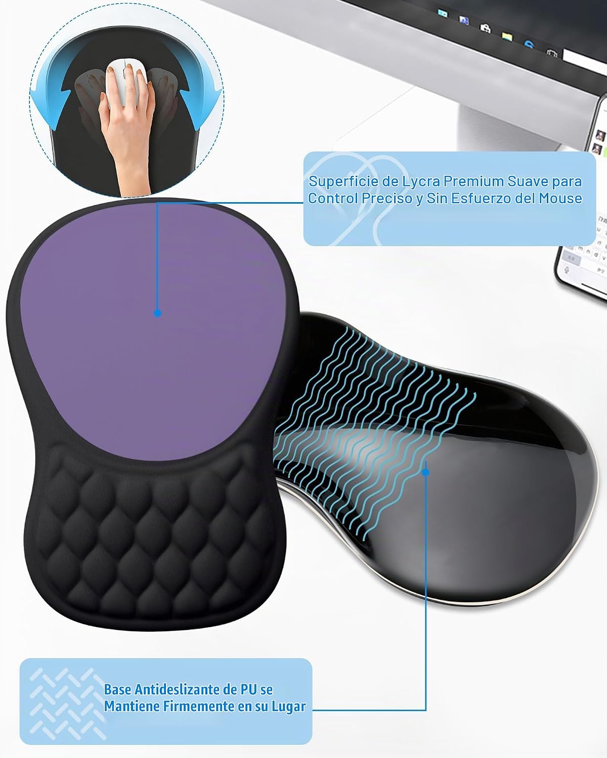 Alfombrilla ergonómica para mouse con reposamuñecas de espuma viscoelástica