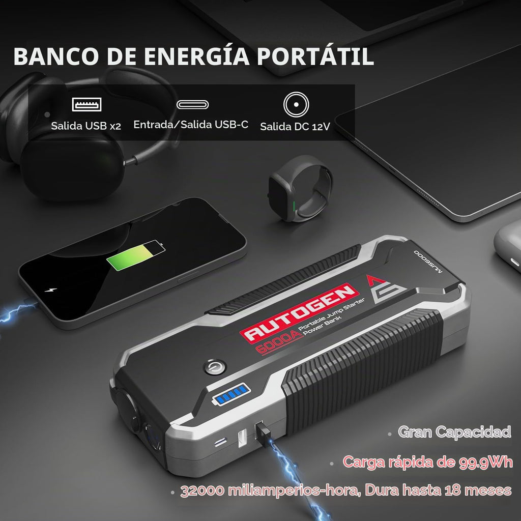 AUTOGEN - Arrancador de batería portátil de 6000 A, motor diésel de gasolina y 10.0 L, batería de arranque y caja de salto con salida de CC de 12 V y funda de EVA