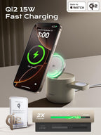 Estación de carga inalámbrica magnética Qi2 4 en 1, cargador rápido de 15 W con módulo de carga hecho para Apple Watch, para iPhone 18-12 Series y AirPods, adaptador de 65 W incluido