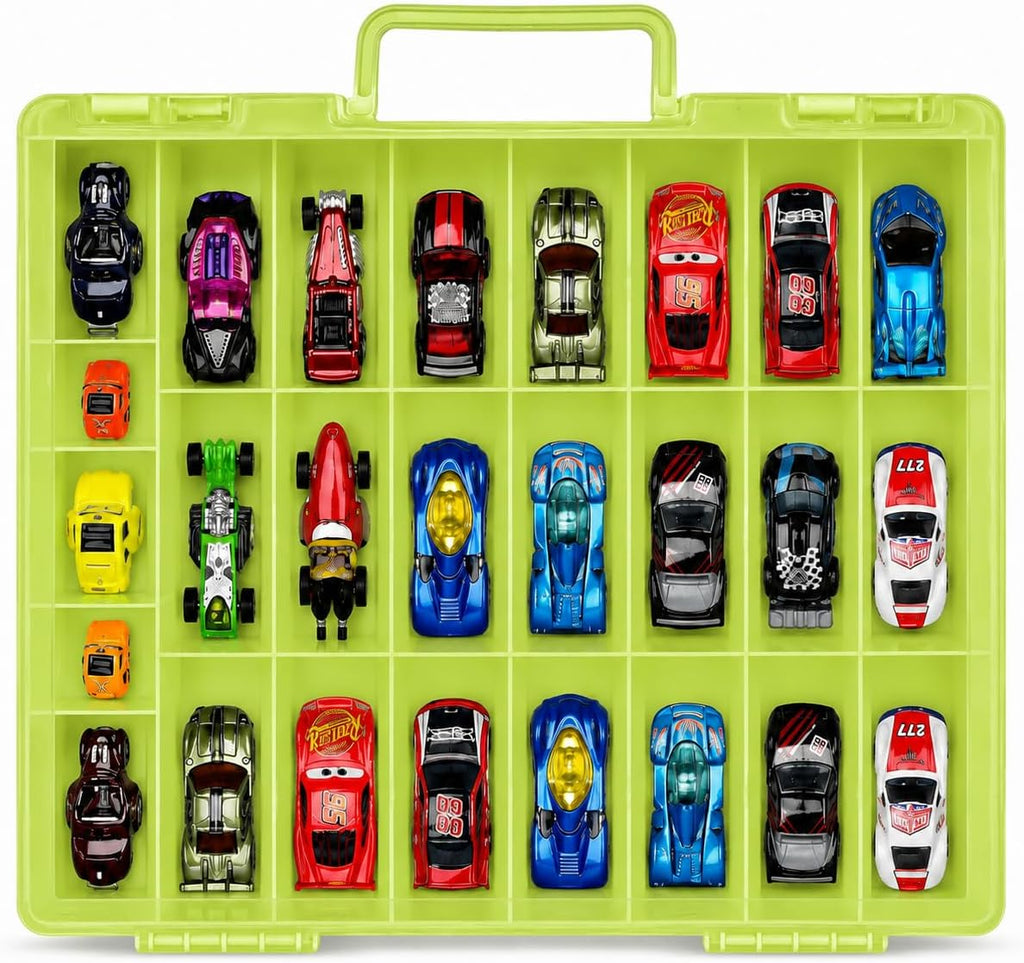 Caja Organizadora de Juguetes Compatible con Autos Hot Wheels, Contenedor para Autos de Matchbox, Mini Juguetes, Muñecas Pequeñas, Caja de Transporte Doble Cara para Hotwheels - 48