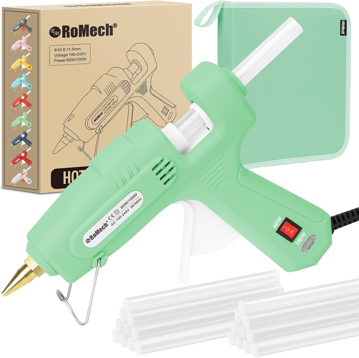 Pistola de pegamento caliente de tamaño completo ROMECH con potencia dual de 60/100 W y 21 barras de pegamento caliente (4,4 cm), pistola de pegamento industrial resistente con precalentamiento rápido