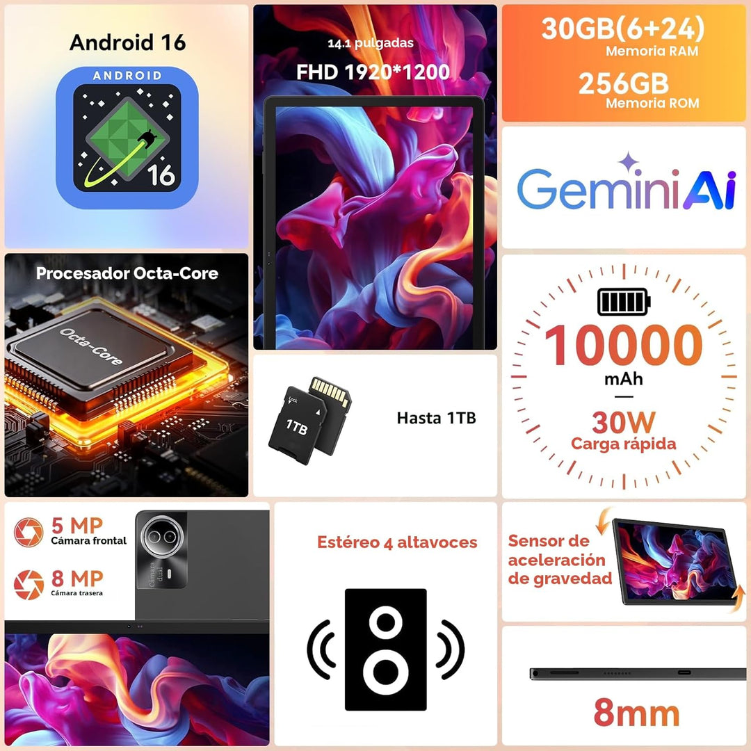 URAO Tablet ｜ Tablet Android 15 de 14 pulgadas ｜ 30 GB RAM 256 GB R...
