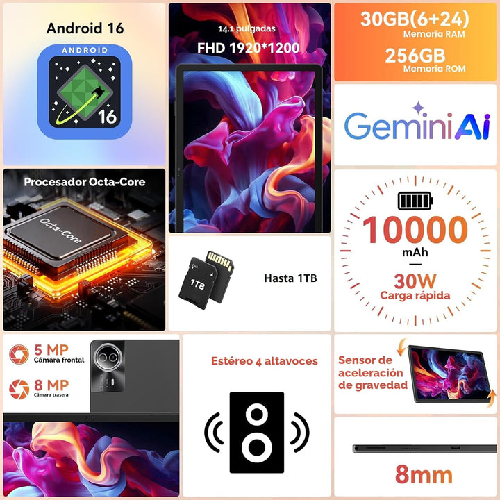 URAO Tablet ｜ Tablet Android 15 de 14 pulgadas ｜ 30 GB RAM 256 GB R...