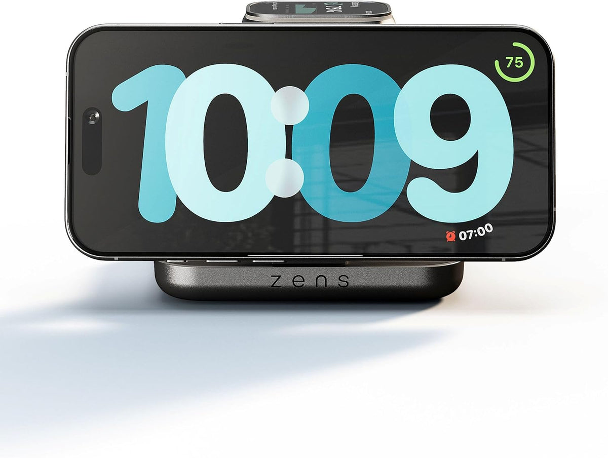 Zens Cargador de mesita de noche Pro 2 | MagSafe Qi2 + Apple Watch Carga rápida | Estación de carga inalámbrica | Modo de espera | iPhone 17/16/15/14/13/12 | Adaptador de 45 W | Negro