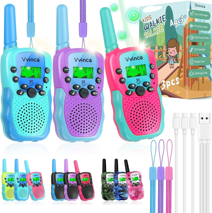 Vvinca Walkie Talkies para niños recargables paquete de 3, juguetes...