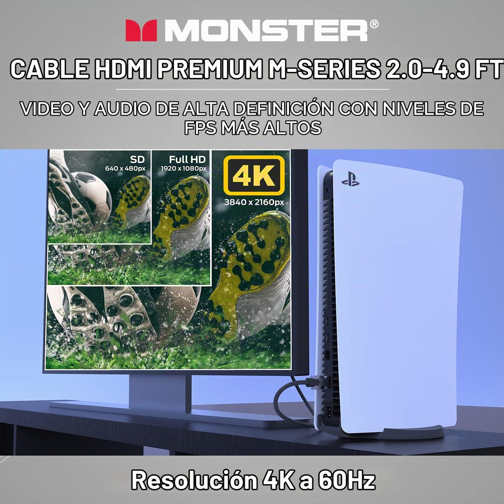 Monster Cable HDMI 2.0 de alta calidad certificado Serie M, 22.5 Gbps, 4K UHD 60Hz, blindaje de triple capa, chaqueta Duraflex, cable HDMI para TV, monitor, juegos, PC, 4.9 pies