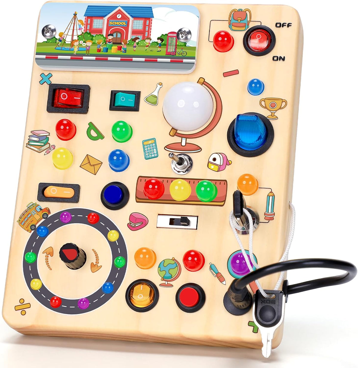 Tablero de actividades con interruptores de luz LED, juguetes Montessori para niños de 1, 2, 3 años, tablero de actividades sensoriales de madera para niños pequeños, juguetes de viaje para niños y