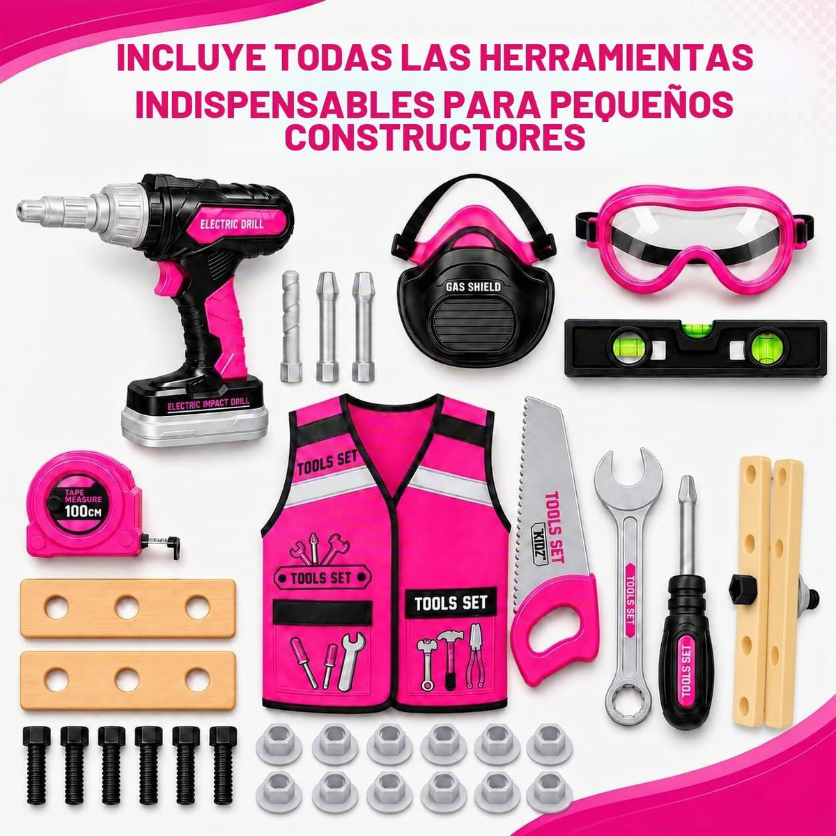 Conjunto de herramientas para niños con estuche de transporte, taladro electrónico con brocas y chaleco de construcción – Kit de juego de simulación con gafas de seguridad, escudo de gas, cinta