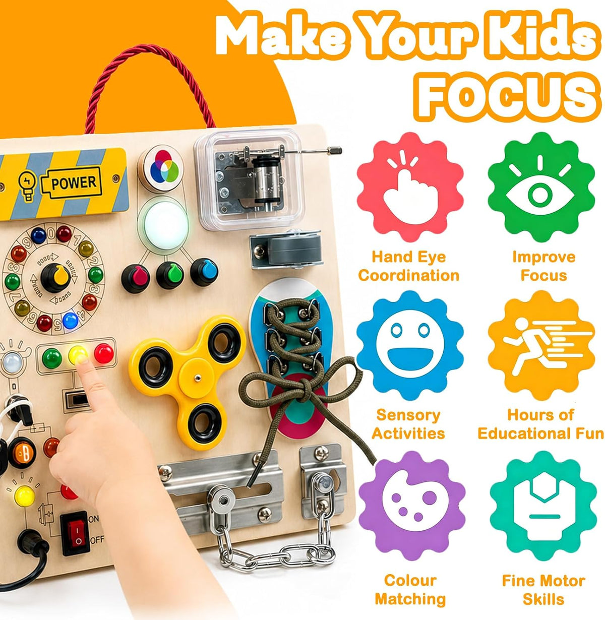 Tablero de actividades con interruptores de luz LED, juguetes Montessori para niños pequeños de 1 a 3 años, tablero de actividades sensoriales de madera, juguete de aprendizaje de viaje para niños y