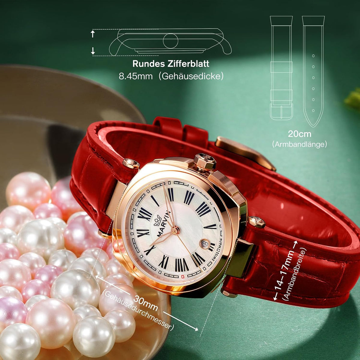 marvin Relojes para mujer, reloj suizo de pulsera con correa de silicona y cuero, caja de acero inoxidable en tono dorado rosa, movimiento de cuarzo, resistente al agua hasta 164.0 ft