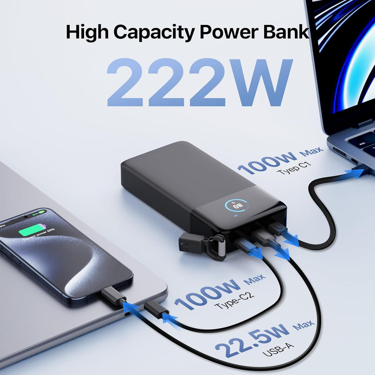 JUOVI Cargador portátil de 222 W, cargador portátil de 25000 mAh con cable USB-C, 222W, Negro