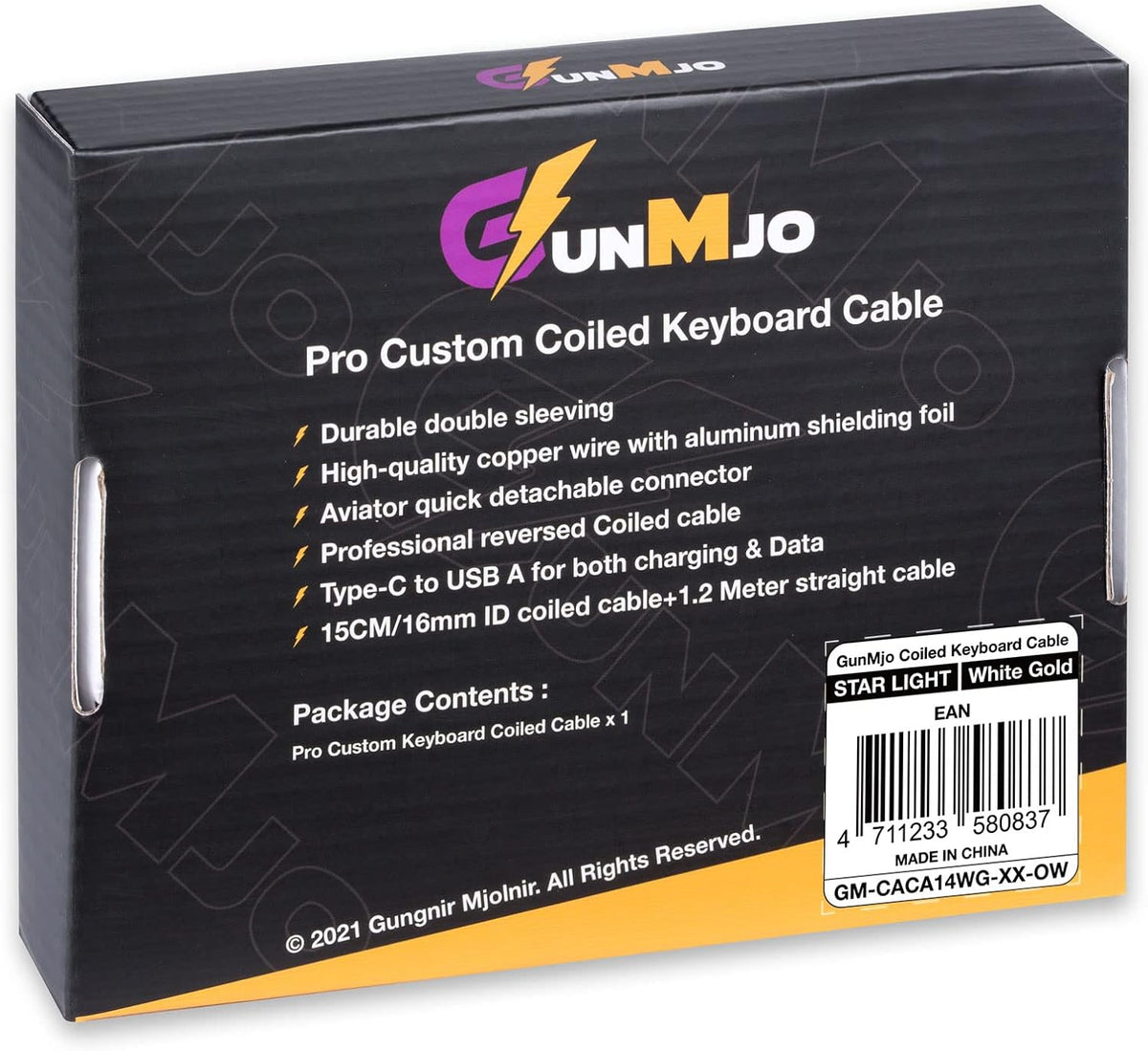 Cable de teclado en espiral USB C Starlight para teclado de juegos, cable de teclado mecánico de doble funda con aviador metálico desmontable, 1.5M USB-C a USB-A, color blanco con conector de