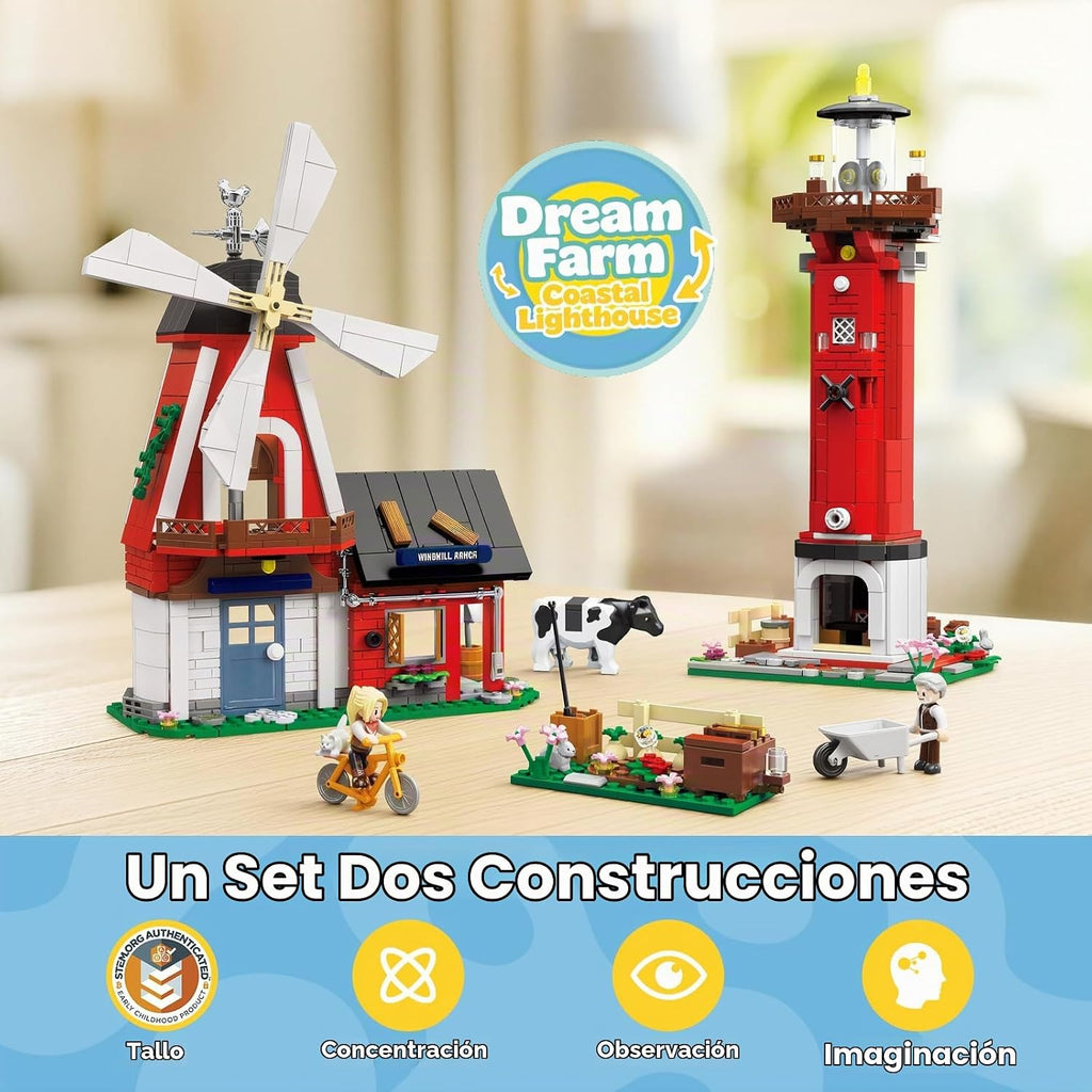 Wise Block 2 en 1 Farm & Lighthouse - Juego de construcción de 727 piezas