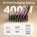 Estación de carga de 400 W para múltiples dispositivos, cargador USB C