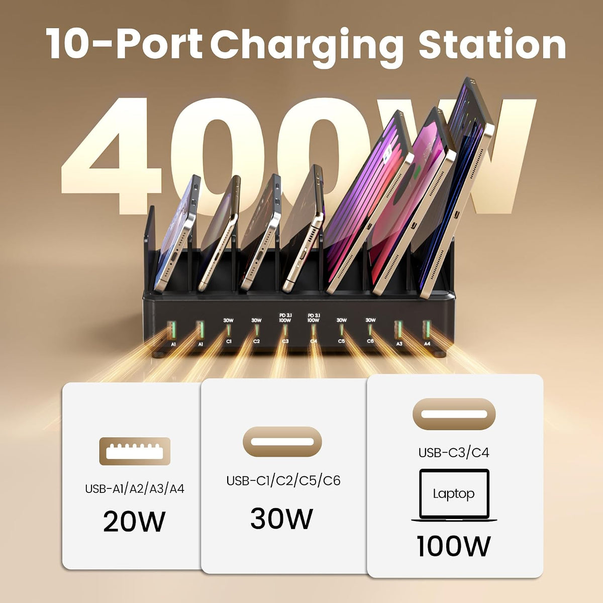 Estación de carga de 400 W para múltiples dispositivos, cargador USB C