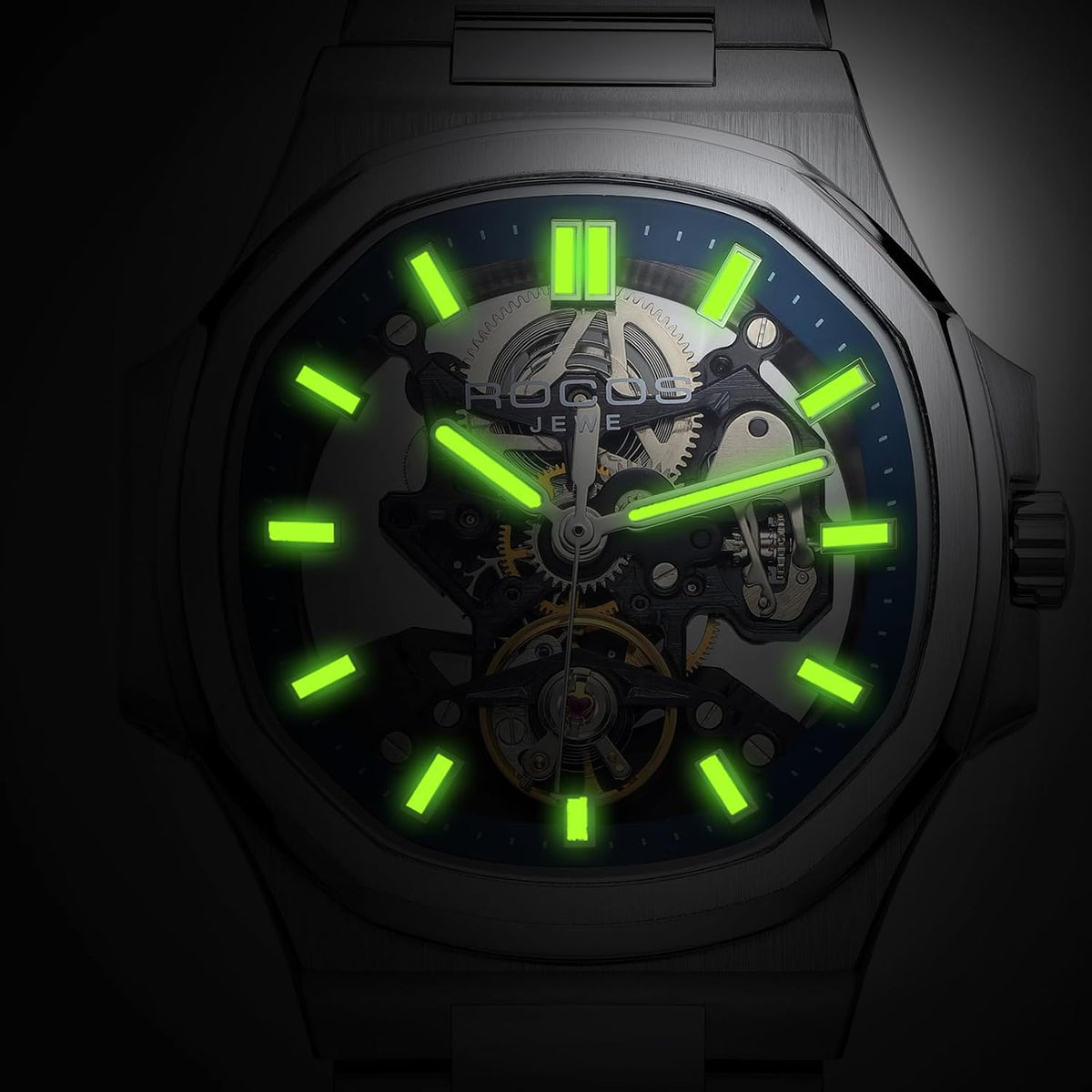 ROCOSJEWE Reloj Skeleton Automático de Lujo para Hombre, Reloj de Pulsera Mecánico de vestir, Remonte automático con esfera azul/negra, Joyería de acero inoxidable, manecillas luminosas, resistente al agua R0143