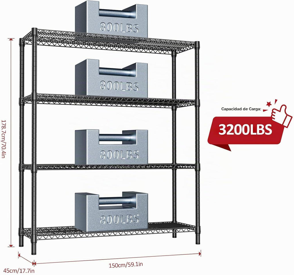 Estantería de metal de 4 niveles, organizador de almacenamiento ajustable resistente, estantes de acero industrial para sótano, cocina, oficina, almacén (negro, 17.7 pulgadas de profundidad x 59.1 pulgadas de ancho x 70.9 pulgadas de alto)