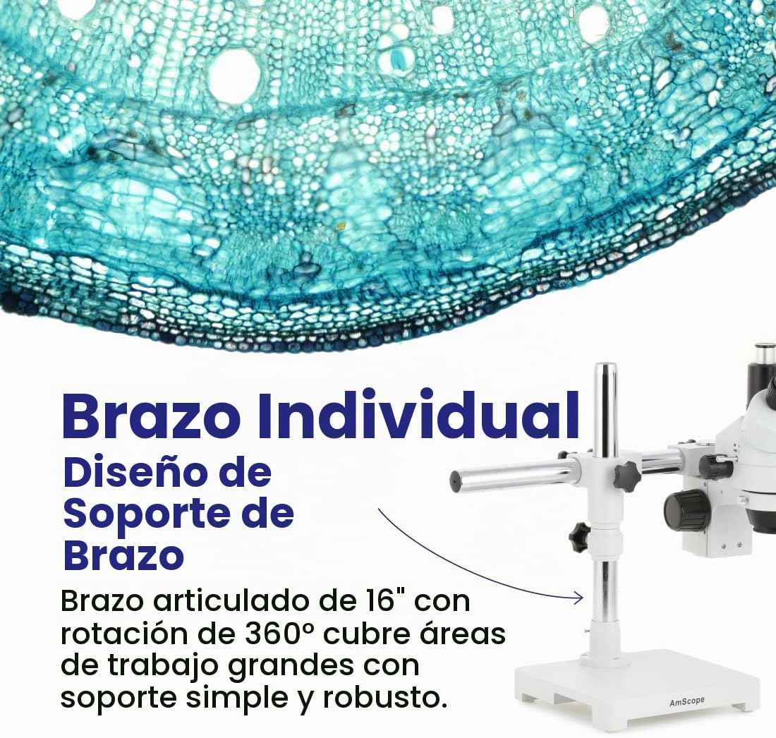 AmScope SM-3T microscopio estéreo trinocular profesional con zoom estereoscópico SM-3T con control simultáneo de enfoque, oculares WH10x, aumento 7X-45X, objetivo zoom 0.7X-4.5X, iluminación ambiental, soporte de pluma de doble brazo.