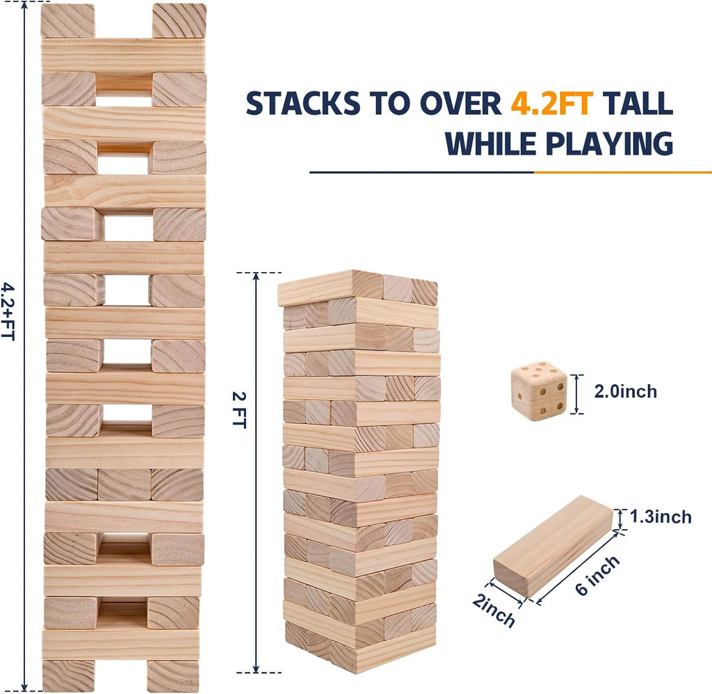 Juegos gigantes de torre de caída para niños y adultos, 57 bloques de madera de pino de Nueva Zelanda apilados a más de 4.2 pies, juegos familiares para interiores y exteriores, juegos de patio