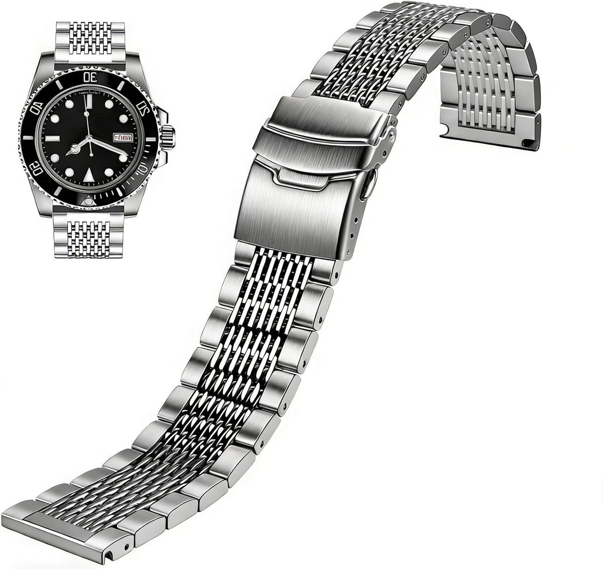 Juntan Correa de reloj de acero inoxidable, 0.709 in, 0.787 in, 0.866 in, 0.945 in, correas de reloj de metal para hombres y mujeres, correa ajustable de reloj de negocios, color negro plateado con