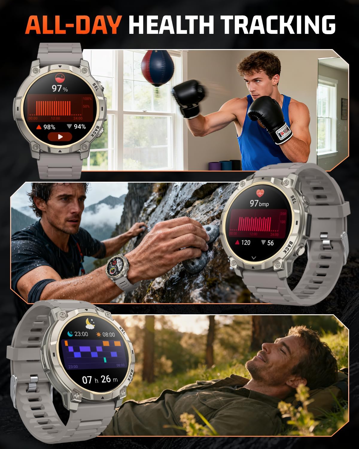 Reloj inteligente militar para hombre, rastreador de actividad física de 1.39 pulgadas con luz LED, contador de pasos, monitor de calorías de sueño, impermeable, 420 mAh, reloj inteligente