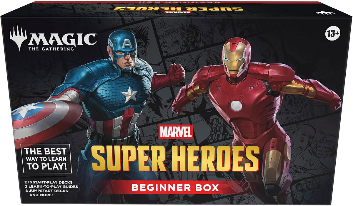Magic: The Gathering | Caja para principiantes de Marvel Super Heroes | Juego de cartas para 2 jugadores | Incluye 2 mazos tutoriales, 8 medias cubiertas temáticas, 2 tableros de juego, 2 Spindowns y
