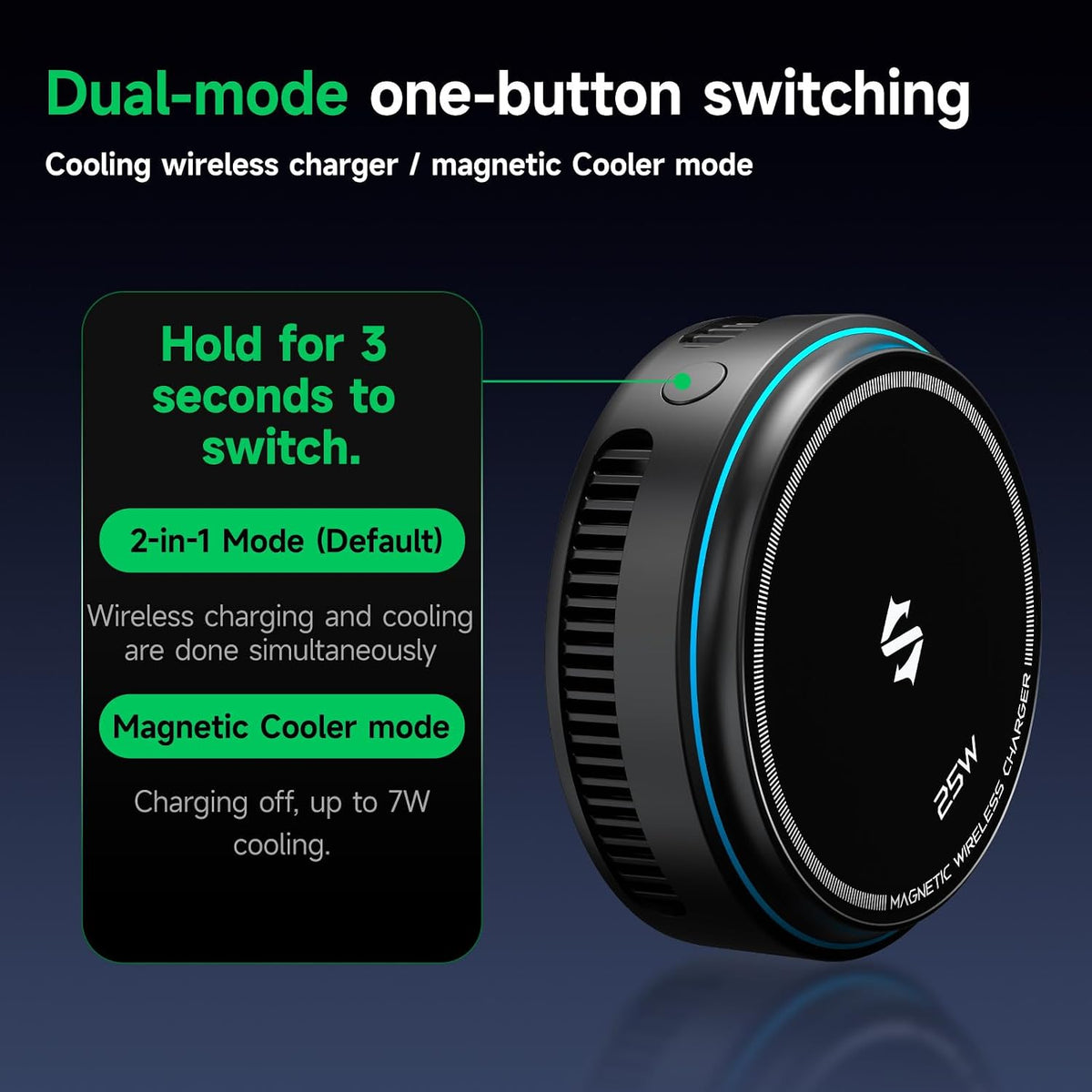 Black Shark Cargador inalámbrico con ventilador de refrigeración, almohadilla magnética de doble cara de 25 W compatible con carga MagSafe de iPhone 17/16/15/14, enfriador de teléfono para juegos/transmisión