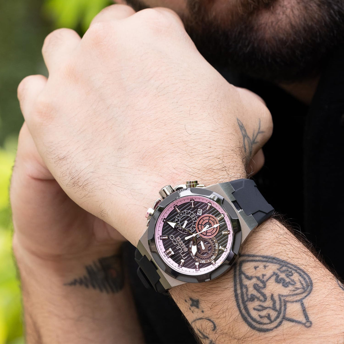 MULCO Reloj de Pulsera para Hombre Atlantis 46mm Caja de Acero Inoxidable Correa de Silicona Negra Movimiento Multifunción de Cuarzo Miyota JP25 10 ATM Resistente al Agua Reloj de Cara Grande para Hombre