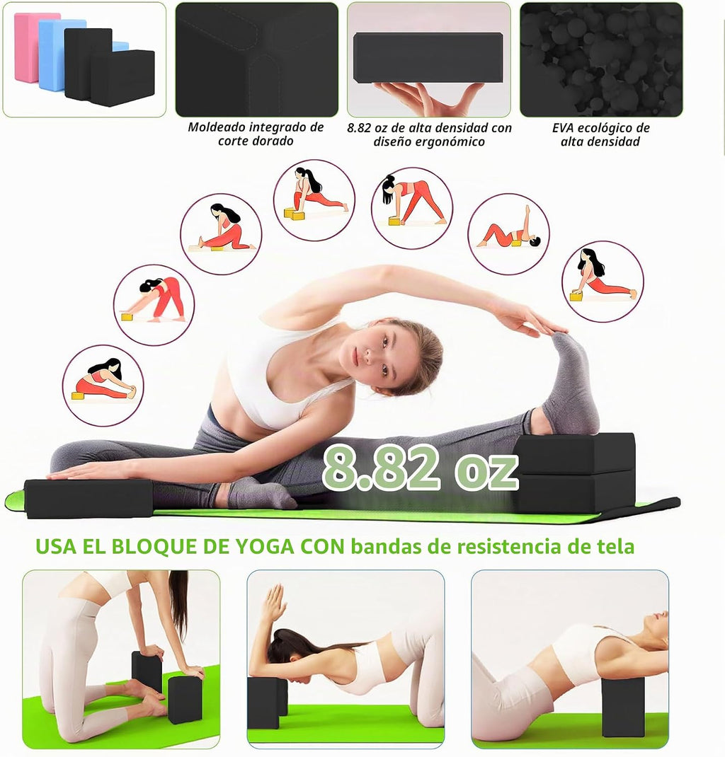 Alfombrilla de yoga gruesa, 6 bandas de resistencia de tela, paquete de 2 bloques de yoga, equipo de entrenamiento en casa, kit básico de inicio para principiantes de tonificación de cuerpo