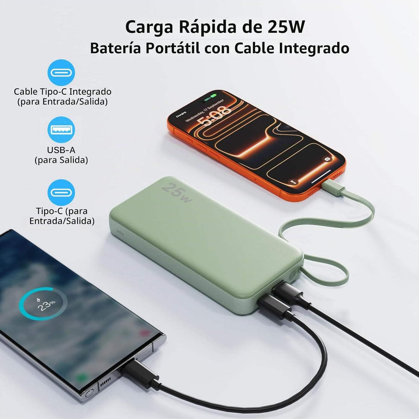 NOBIS Cargador portátil 25W 10000mAh Power Bank con cable USB-C inc...
