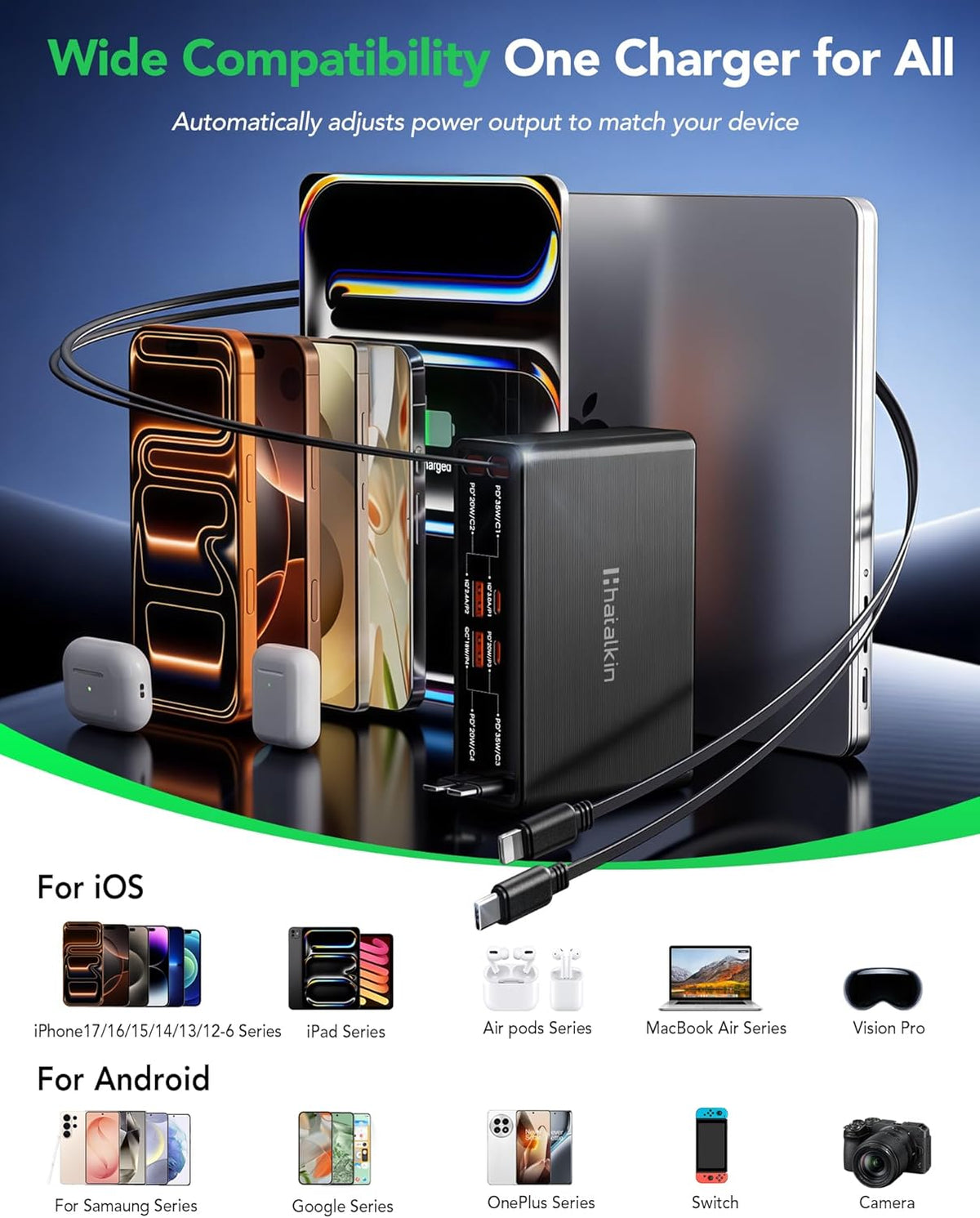 Cargador retráctil 8 en 1 para iPhone Duo/18 Pro Samsung Múltiples