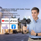 Abrazadera universal para teléfono dual con refrigeradores semiconductores, clip de banco de energía y cómodo trípode de agarre manual para transmisión en vivo extendida de mano o estacionaria