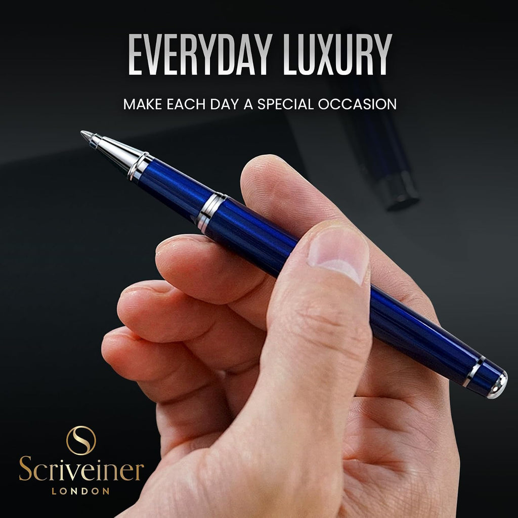 Scriveiner – Bolígrafo roller azul medianoche, con lacado azul y acabado cromado, repuesto de tinta Schmidt, para hombres y mujeres, para profesionales y oficinas ejecutivas
