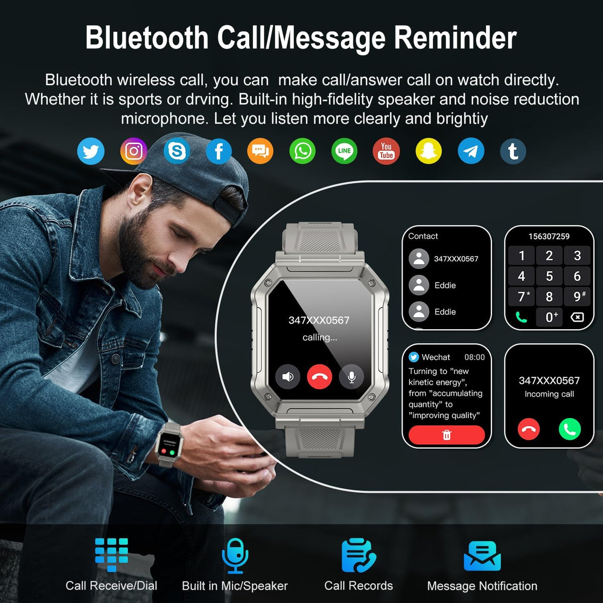 Reloj inteligente para hombre, rastreador de actividad física: relojes inteligentes militares para hombres, relojes digitales para hombre, marca/respuesta de llamadas, correr, resistente al agua, reloj inteligente, teléfonos Android, iPhone, Samsung