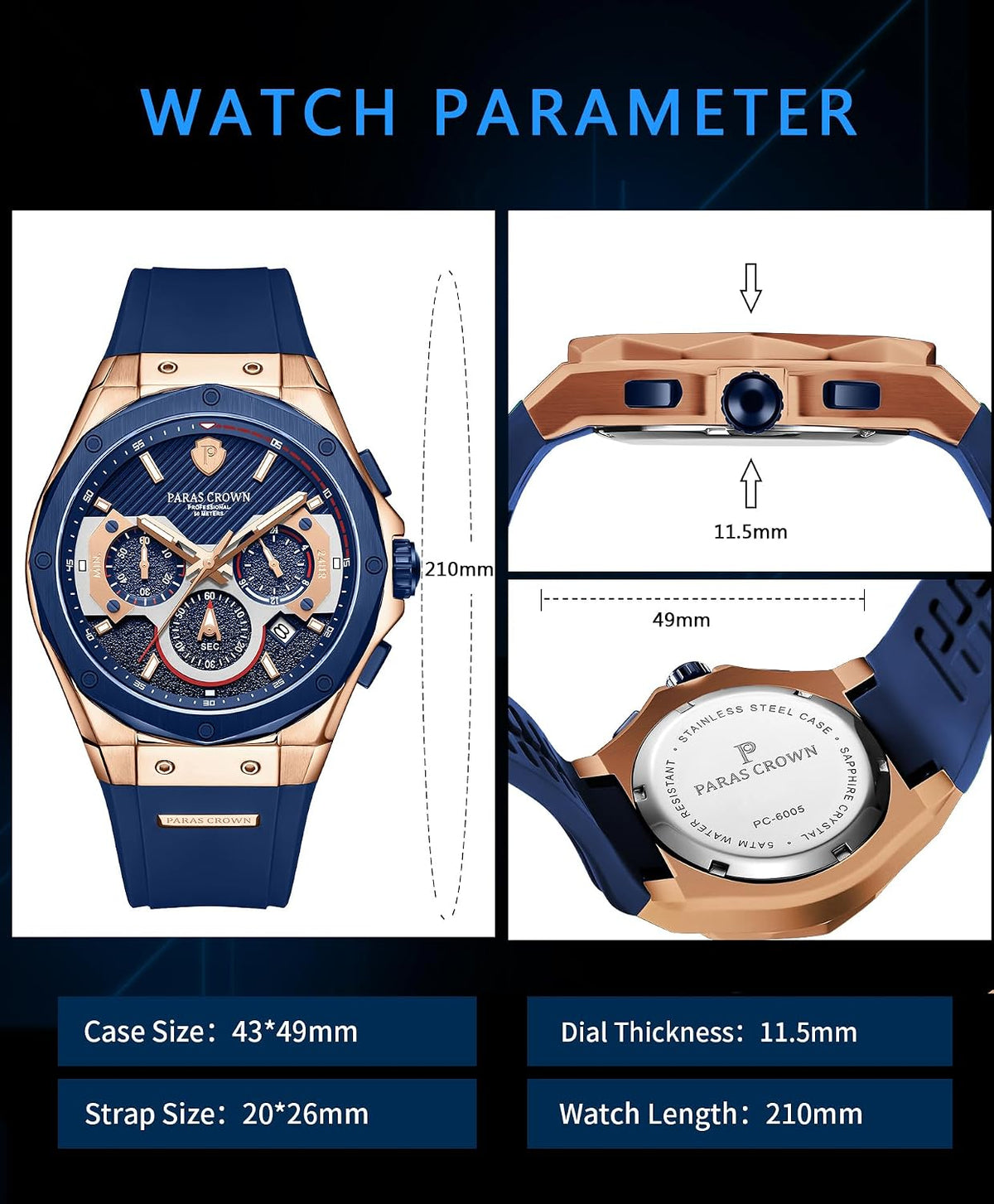 Paras Crown Relojes para Hombre Lujo Movimiento Japonés de Cuarzo Cronógrafo Analógico Caja de Acero Inoxidible Resistente al Agua 5ATM Relojes para Hombre
