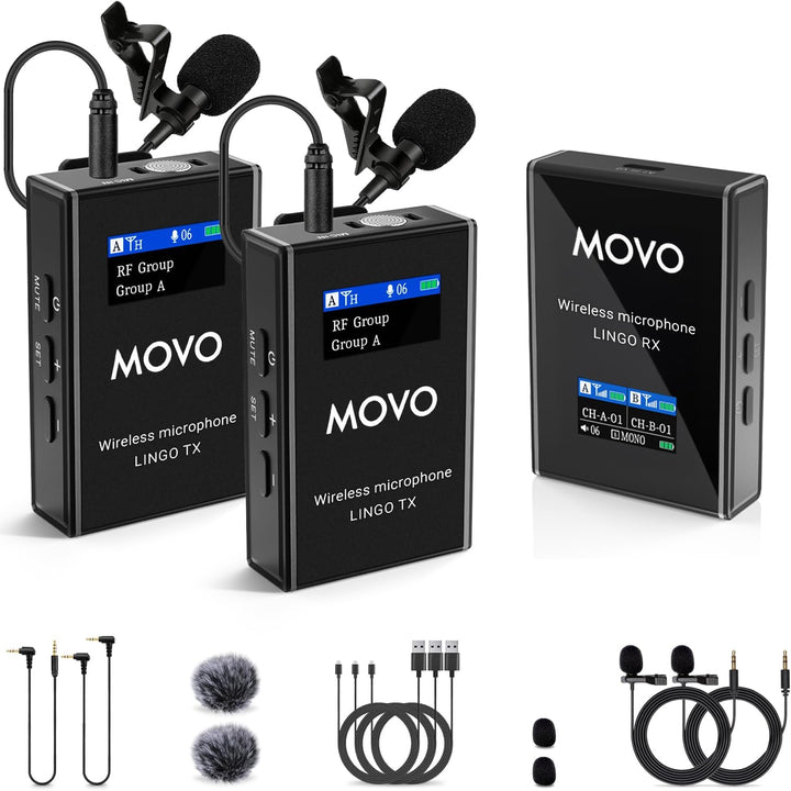 Movo Lingo-Duo - Sistema de micrófono inalámbrico UHF de 48 canales...