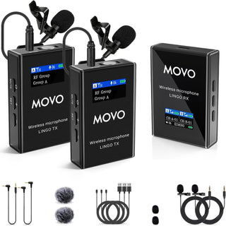 Movo Lingo-Duo - Sistema de micrófono inalámbrico UHF de 48 canales...