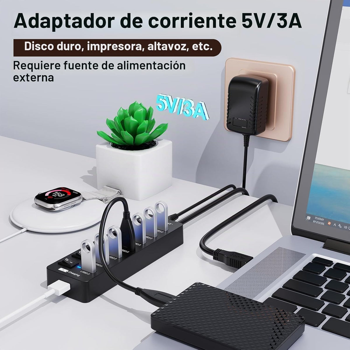 VEMONT, USB-3030, hub USB 3.0 de 7 puertos, alimentado, con puerto de carga inteligente, adaptador 5V/3A